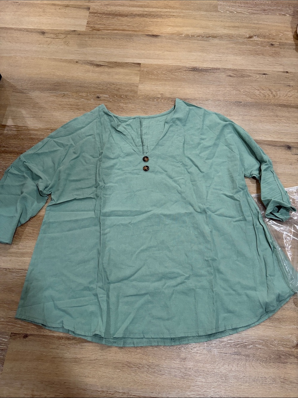Relaxed Sage Green Women's Button V-Neck Top 3/4 sleeve